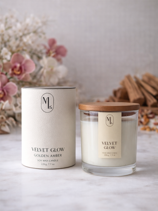Vela aromática de soja de lujo – Velvet Glow | Golden Amber