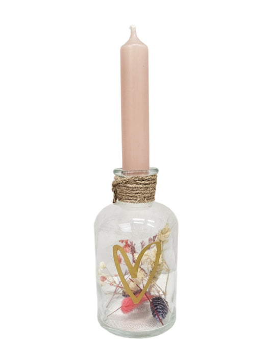 Jarrón botella con vela y flores secas